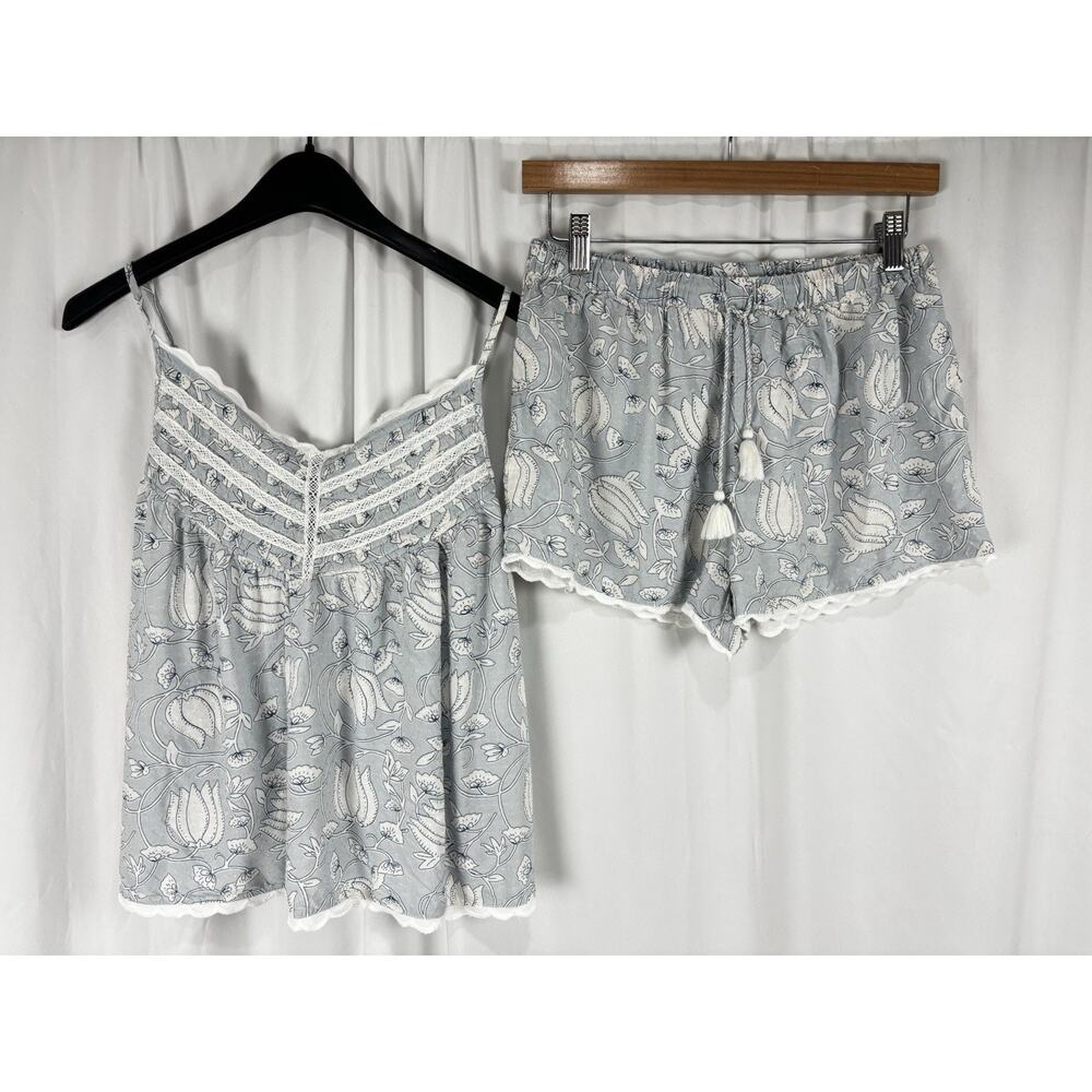 JOIE Sz S 2 Pc Pajama Set Cami & Shorts Blue Gray Floral Lace Scallop Cottage